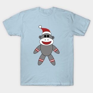 Cute Sock Monkey With Santa Hat Christmas on Blue T-Shirt